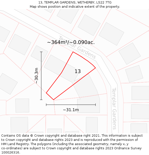 13, TEMPLAR GARDENS, WETHERBY, LS22 7TG: Plot and title map