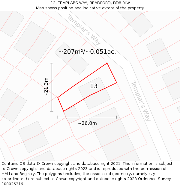 13, TEMPLARS WAY, BRADFORD, BD8 0LW: Plot and title map