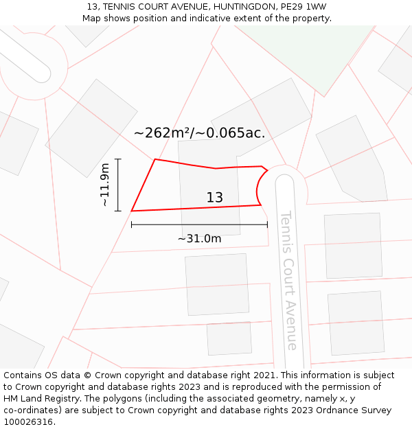 13, TENNIS COURT AVENUE, HUNTINGDON, PE29 1WW: Plot and title map