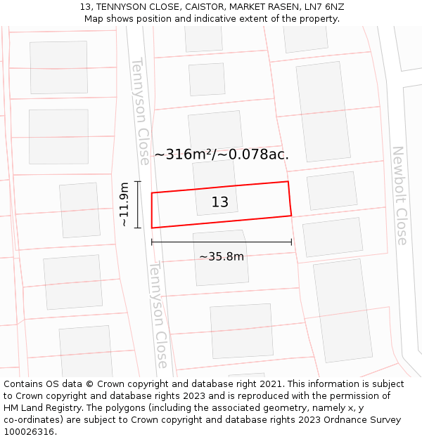 13, TENNYSON CLOSE, CAISTOR, MARKET RASEN, LN7 6NZ: Plot and title map