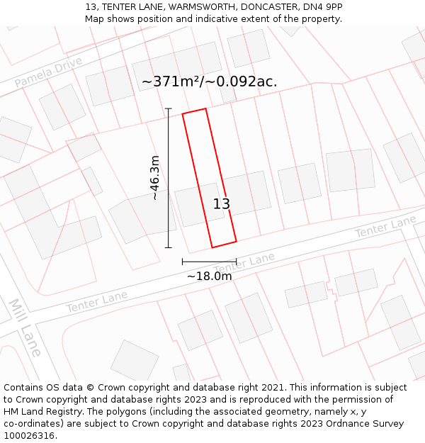 13, TENTER LANE, WARMSWORTH, DONCASTER, DN4 9PP: Plot and title map