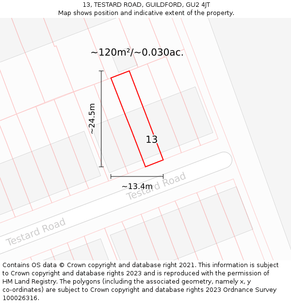 13, TESTARD ROAD, GUILDFORD, GU2 4JT: Plot and title map