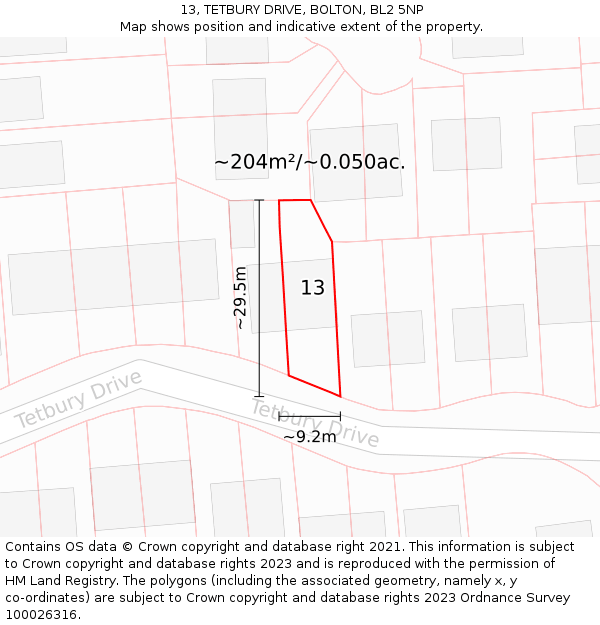 13, TETBURY DRIVE, BOLTON, BL2 5NP: Plot and title map
