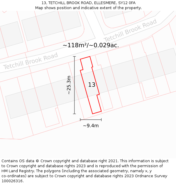 13, TETCHILL BROOK ROAD, ELLESMERE, SY12 0FA: Plot and title map