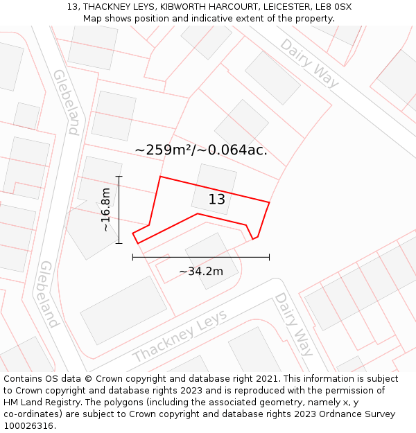 13, THACKNEY LEYS, KIBWORTH HARCOURT, LEICESTER, LE8 0SX: Plot and title map