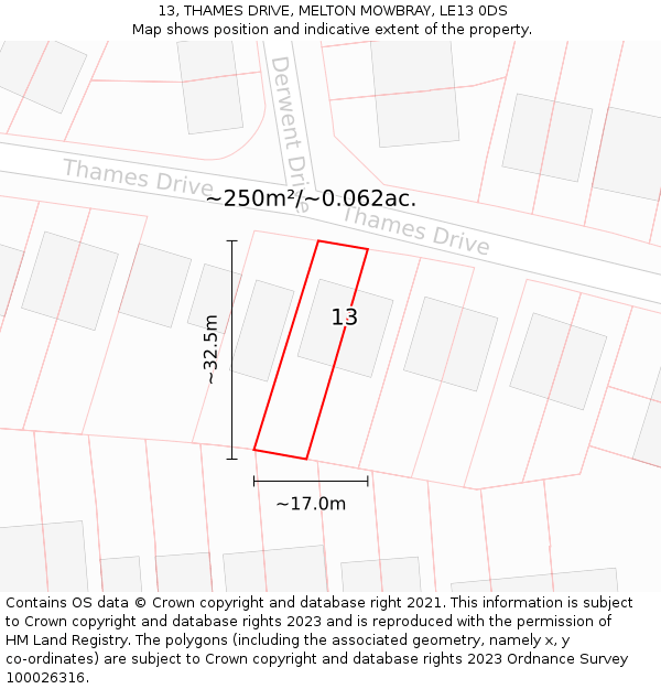 13, THAMES DRIVE, MELTON MOWBRAY, LE13 0DS: Plot and title map