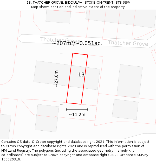 13, THATCHER GROVE, BIDDULPH, STOKE-ON-TRENT, ST8 6SW: Plot and title map
