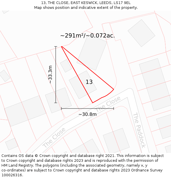 13, THE CLOSE, EAST KESWICK, LEEDS, LS17 9EL: Plot and title map