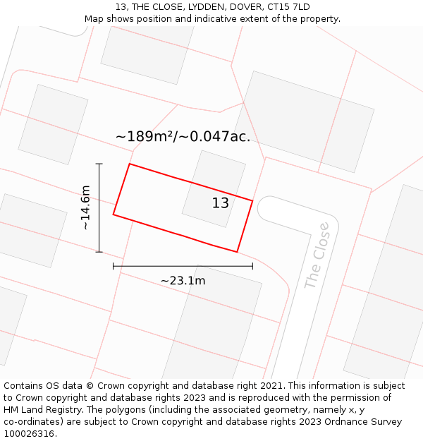 13, THE CLOSE, LYDDEN, DOVER, CT15 7LD: Plot and title map