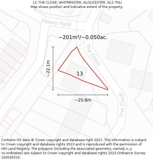 13, THE CLOSE, WHITMINSTER, GLOUCESTER, GL2 7NU: Plot and title map