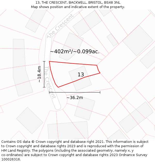 13, THE CRESCENT, BACKWELL, BRISTOL, BS48 3NL: Plot and title map