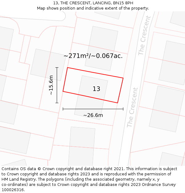 13, THE CRESCENT, LANCING, BN15 8PH: Plot and title map