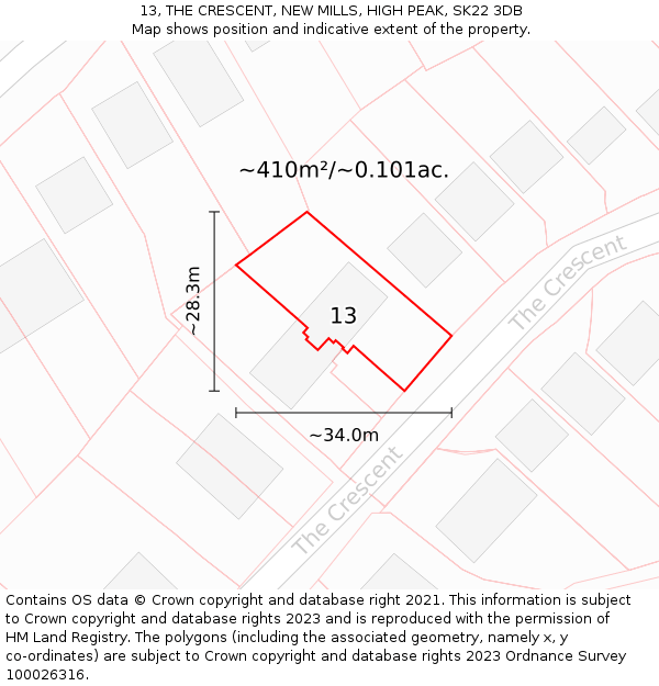 13, THE CRESCENT, NEW MILLS, HIGH PEAK, SK22 3DB: Plot and title map