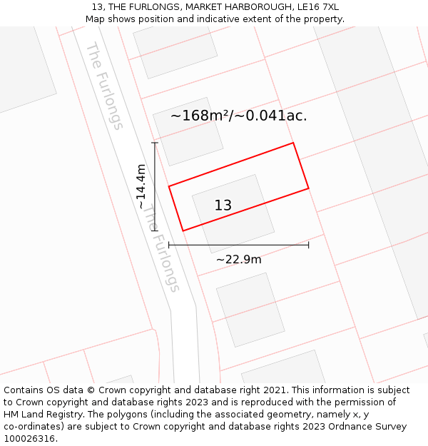 13, THE FURLONGS, MARKET HARBOROUGH, LE16 7XL: Plot and title map