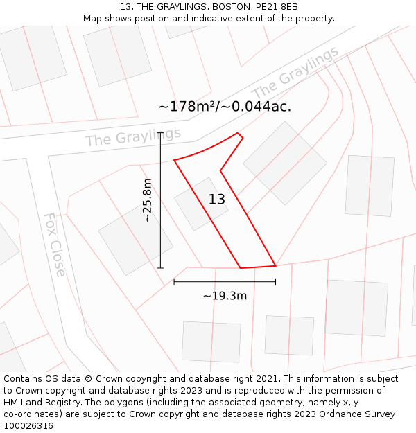 13, THE GRAYLINGS, BOSTON, PE21 8EB: Plot and title map