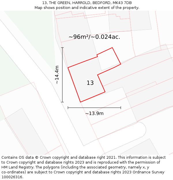 13, THE GREEN, HARROLD, BEDFORD, MK43 7DB: Plot and title map