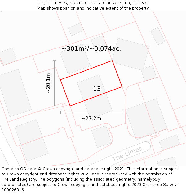 13, THE LIMES, SOUTH CERNEY, CIRENCESTER, GL7 5RF: Plot and title map