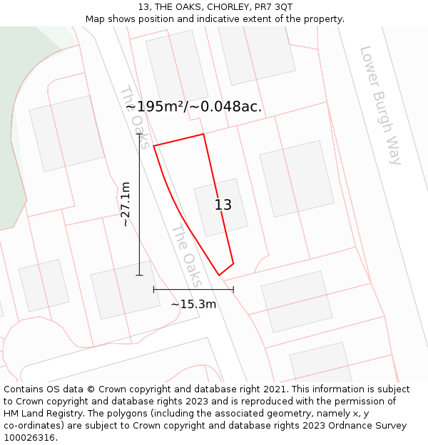 13, THE OAKS, CHORLEY, PR7 3QT: Plot and title map
