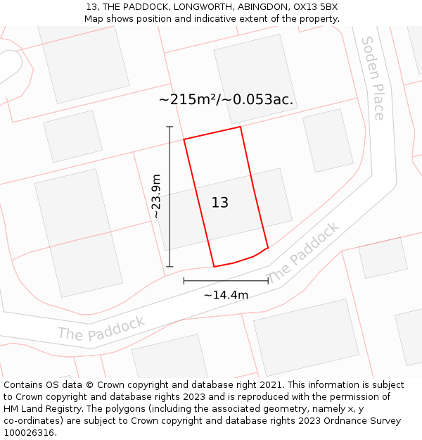 13, THE PADDOCK, LONGWORTH, ABINGDON, OX13 5BX: Plot and title map