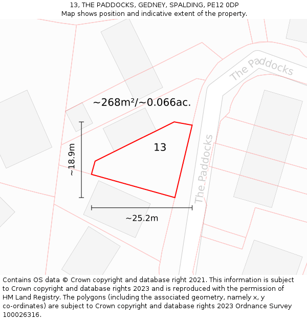 13, THE PADDOCKS, GEDNEY, SPALDING, PE12 0DP: Plot and title map