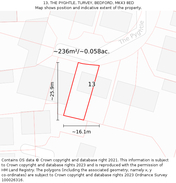 13, THE PYGHTLE, TURVEY, BEDFORD, MK43 8ED: Plot and title map