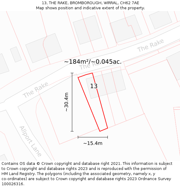13, THE RAKE, BROMBOROUGH, WIRRAL, CH62 7AE: Plot and title map