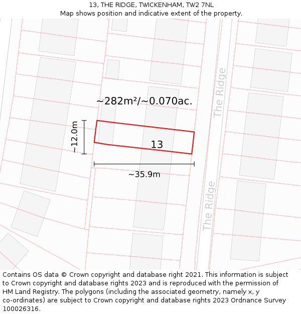 13, THE RIDGE, TWICKENHAM, TW2 7NL: Plot and title map