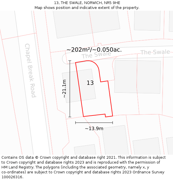 13, THE SWALE, NORWICH, NR5 9HE: Plot and title map