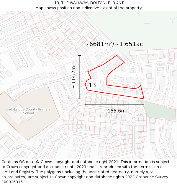13, THE WALKWAY, BOLTON, BL3 4NT: Plot and title map