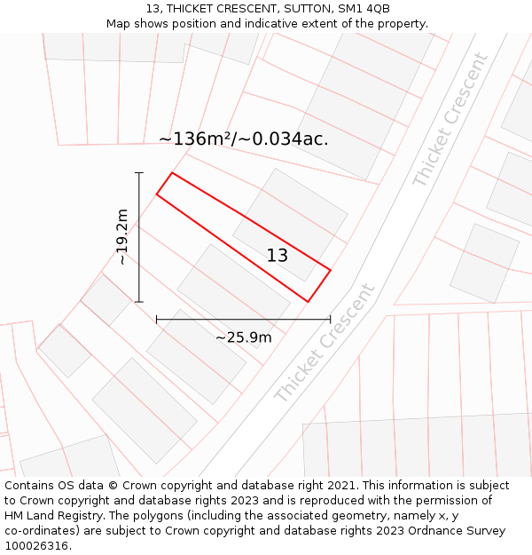 13, THICKET CRESCENT, SUTTON, SM1 4QB: Plot and title map