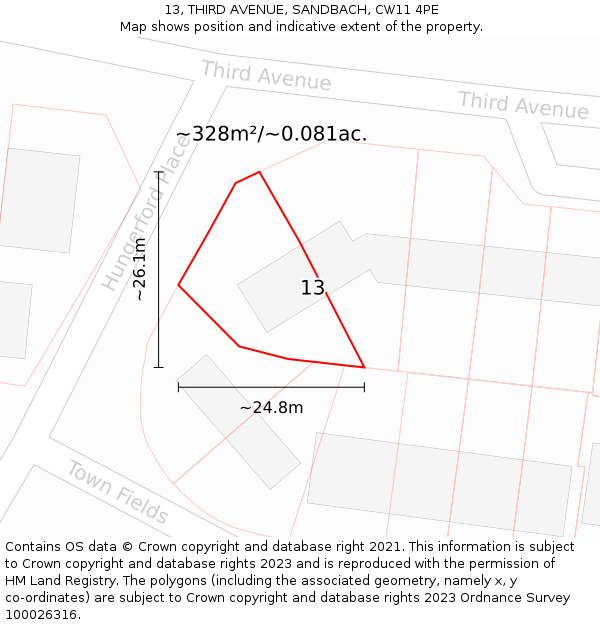 13, THIRD AVENUE, SANDBACH, CW11 4PE: Plot and title map