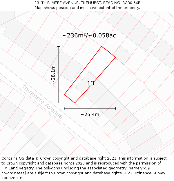 13, THIRLMERE AVENUE, TILEHURST, READING, RG30 6XR: Plot and title map