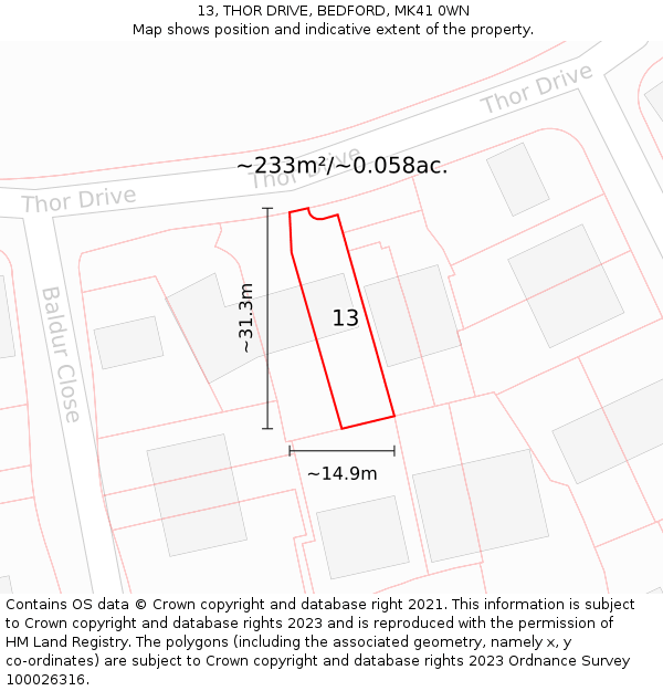 13, THOR DRIVE, BEDFORD, MK41 0WN: Plot and title map