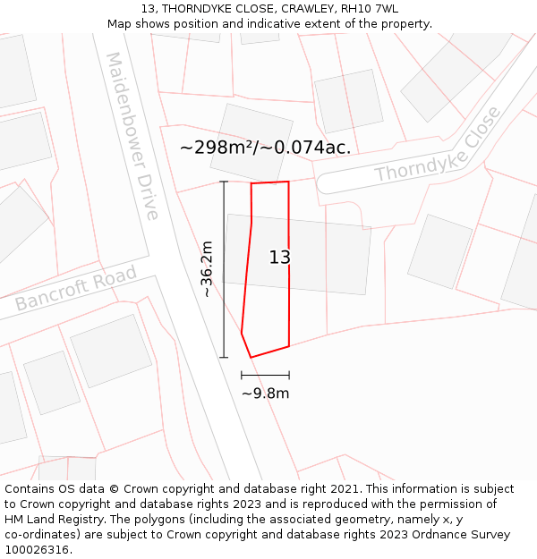 13, THORNDYKE CLOSE, CRAWLEY, RH10 7WL: Plot and title map