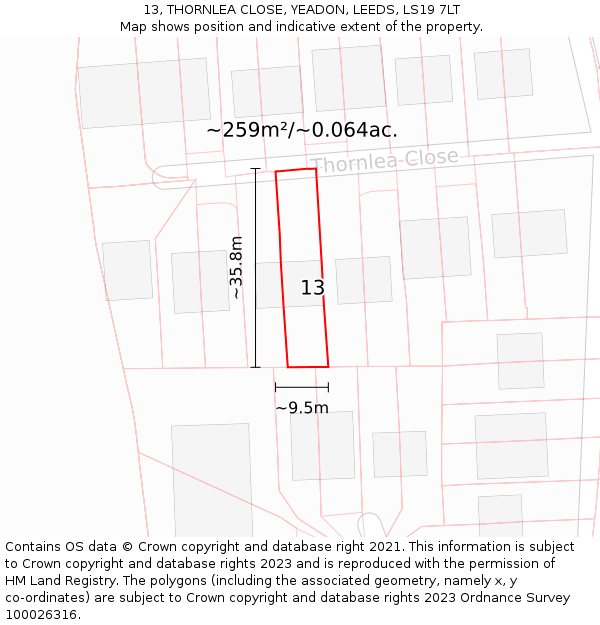 13, THORNLEA CLOSE, YEADON, LEEDS, LS19 7LT: Plot and title map