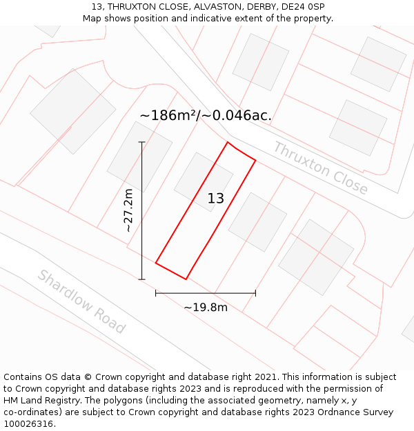 13, THRUXTON CLOSE, ALVASTON, DERBY, DE24 0SP: Plot and title map