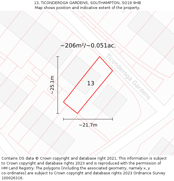 13, TICONDEROGA GARDENS, SOUTHAMPTON, SO19 9HB: Plot and title map