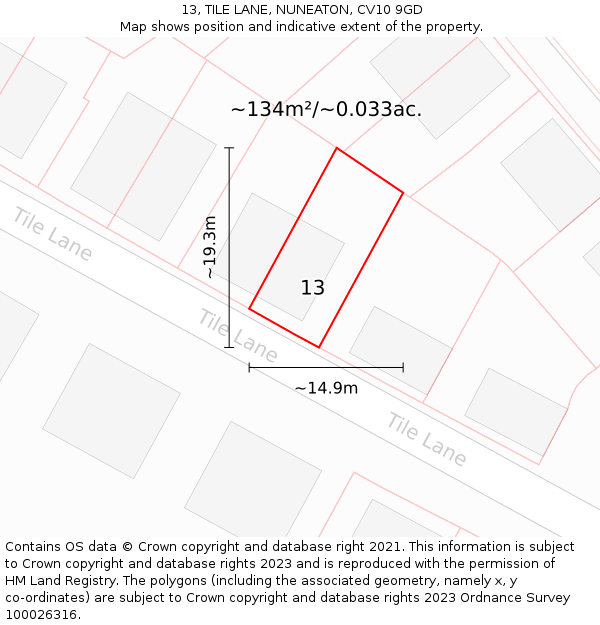 13, TILE LANE, NUNEATON, CV10 9GD: Plot and title map