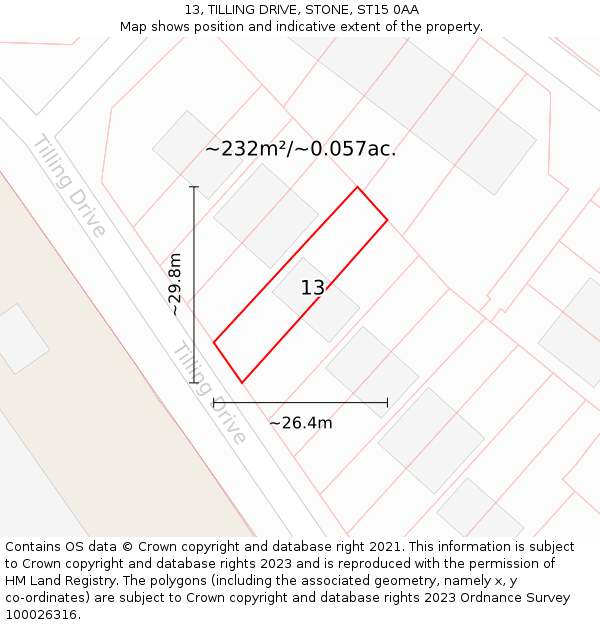 13, TILLING DRIVE, STONE, ST15 0AA: Plot and title map