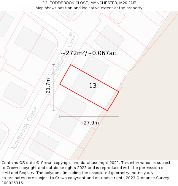13, TODDBROOK CLOSE, MANCHESTER, M20 1NB: Plot and title map