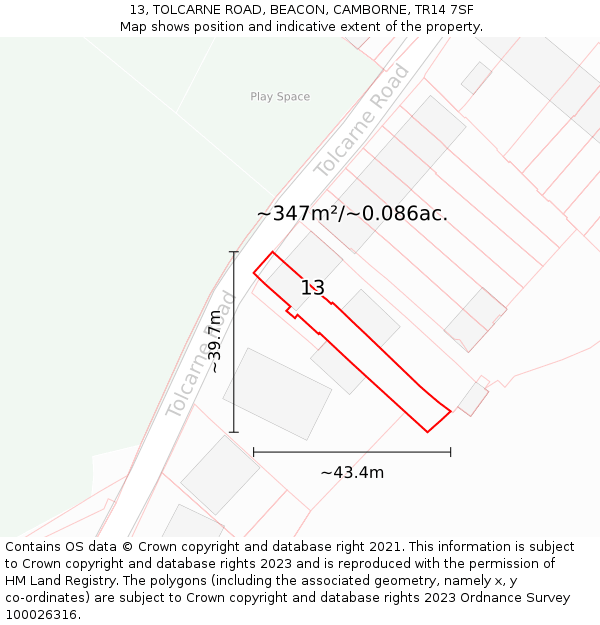 13, TOLCARNE ROAD, BEACON, CAMBORNE, TR14 7SF: Plot and title map