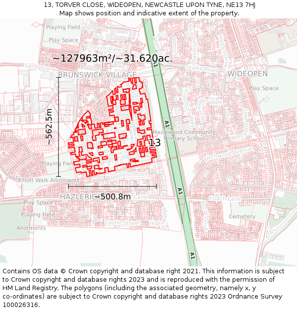 13, TORVER CLOSE, WIDEOPEN, NEWCASTLE UPON TYNE, NE13 7HJ: Plot and title map