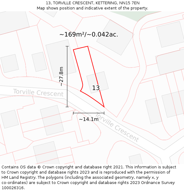 13, TORVILLE CRESCENT, KETTERING, NN15 7EN: Plot and title map