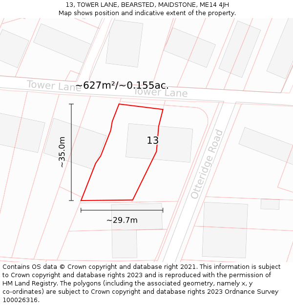 13, TOWER LANE, BEARSTED, MAIDSTONE, ME14 4JH: Plot and title map