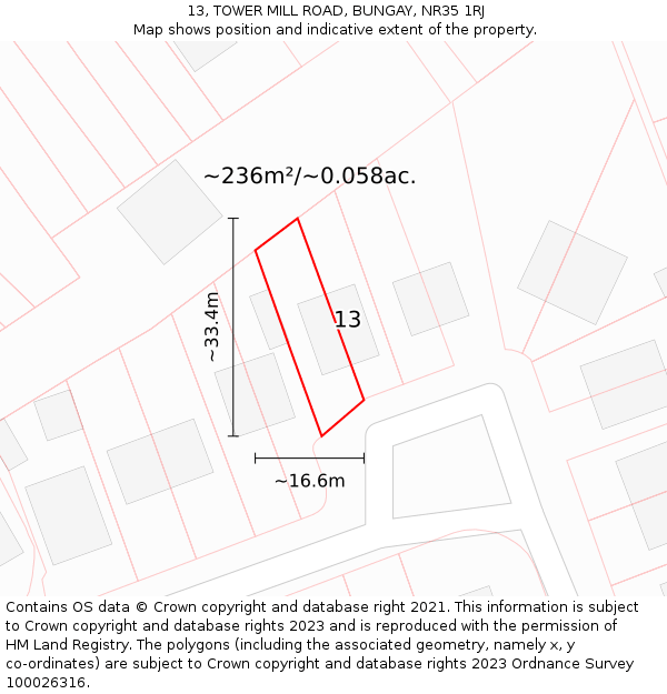 13, TOWER MILL ROAD, BUNGAY, NR35 1RJ: Plot and title map