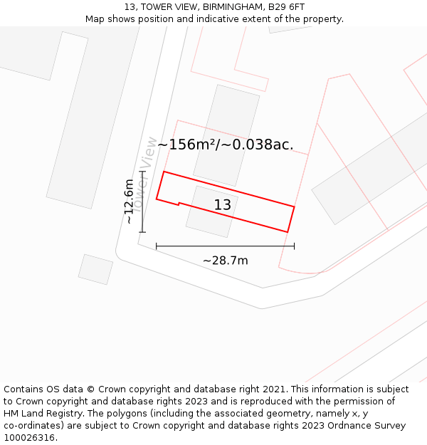 13, TOWER VIEW, BIRMINGHAM, B29 6FT: Plot and title map