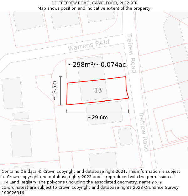 13, TREFREW ROAD, CAMELFORD, PL32 9TP: Plot and title map
