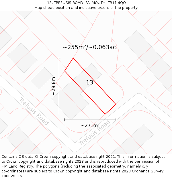 13, TREFUSIS ROAD, FALMOUTH, TR11 4QQ: Plot and title map