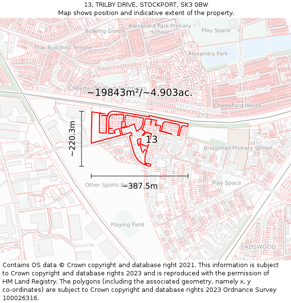 13, TRILBY DRIVE, STOCKPORT, SK3 0BW: Plot and title map