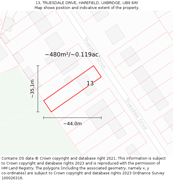 13, TRUESDALE DRIVE, HAREFIELD, UXBRIDGE, UB9 6AY: Plot and title map